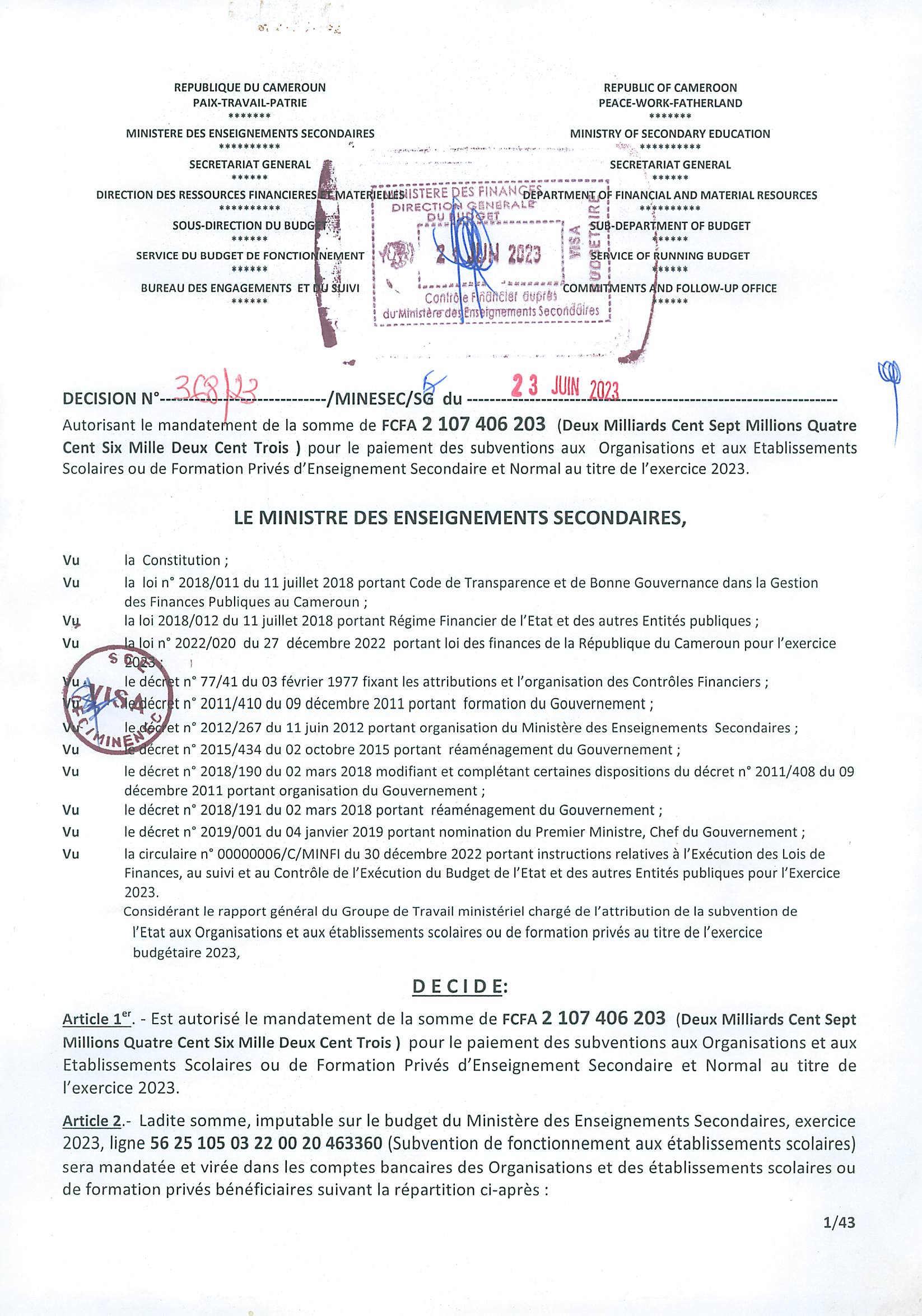 Subvention 2023 Décision n368 23 MINESEC SG du 23 juin 2023